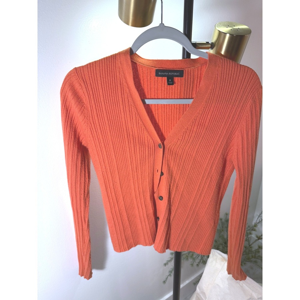Banana Republic merino cashmere orange ribbed 90s indie cardigan med layering ec
